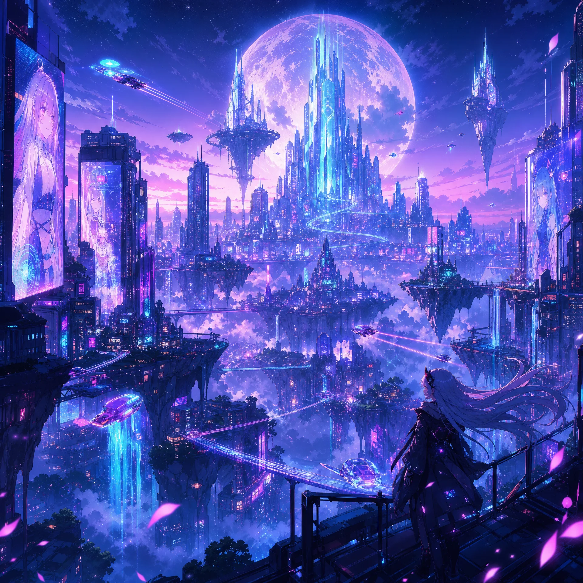 赛博朋克浮空都市全景夜景AI绘画作品